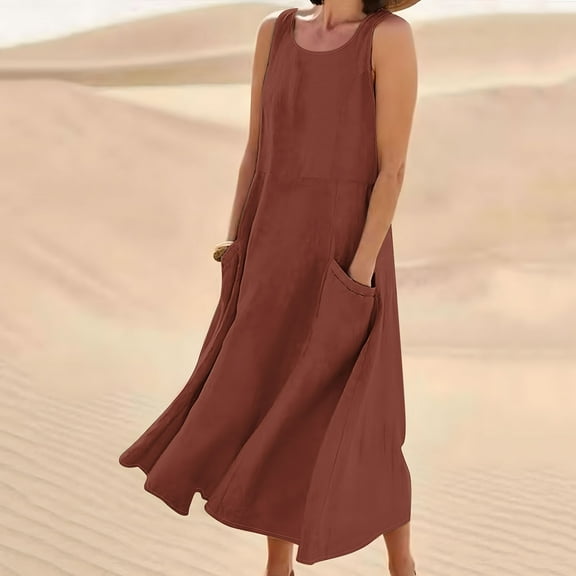Homenesgenics Summer Dresses for Women under $10 Plus Size Women's Sleeveless And Linen Round Neck Solid Color Long Dress With Pocket Brown L