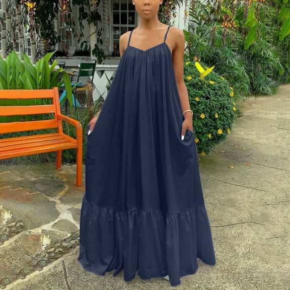 Homenesgenics Summer Dresses for Women under $10 Women Fashion Casual Solid Sleeveless Strap Dress Pocket Loose Backless Plus Size Dress Blue XXL