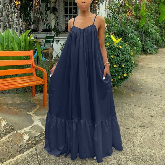 Homenesgenics Summer Dresses for Women under $10 Women Fashion Casual Solid Sleeveless Strap Dress Pocket Loose Backless Plus Size Dress Blue XXL