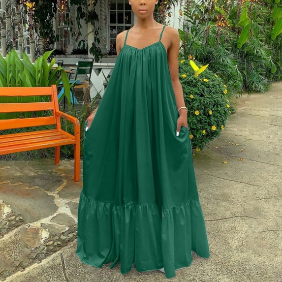 Homenesgenics Summer Dresses for Women Clearance under $10 Women Fashion Casual Solid Sleeveless Strap Dress Pocket Loose Backless Plus Size Dress Green XL