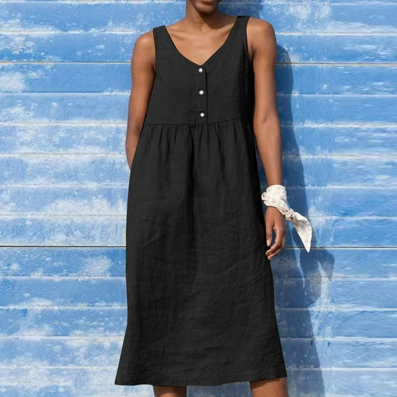 Homenesgenics Summer Dresses for Women Clearance Women's Spring/Summer Sleeveless Cotton Beach Casual Tank Top Dress Solid Loose V-Neck Pleated Cotton Linen Dress Gifts for Women