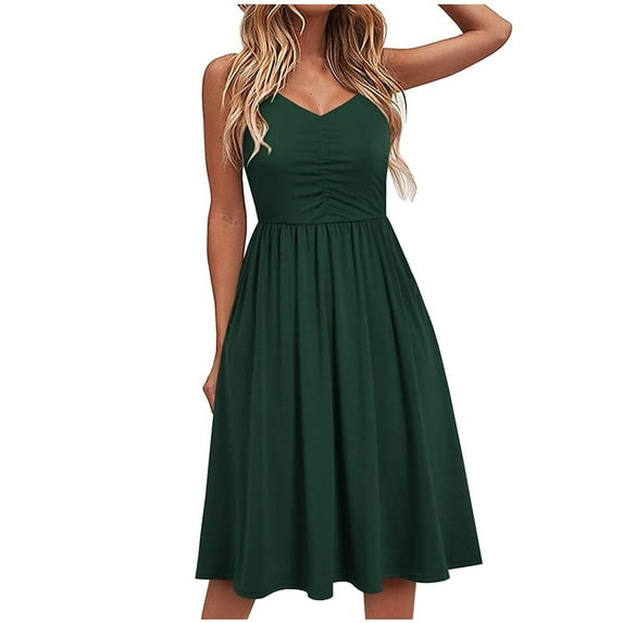 Homenesgenics Summer Dresses for Women 2025 Women Fashion Summer Seaside Sling Sleeveless V-Neck Solid Color Casual Dress