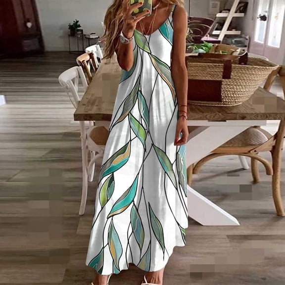 Homenesgenics Summer Dresses for Women under $10 Fashion Women Summer Casual Solid V-Neck Camis Sleeveless Long Dress Green M