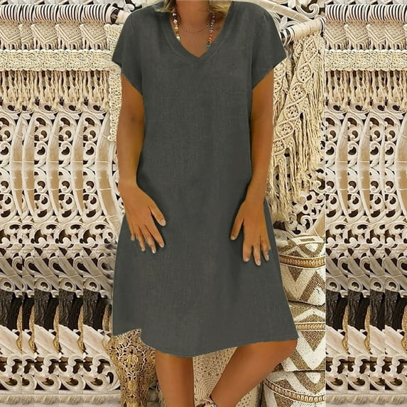 Homenesgenics Summer Dresses for Women under $10 Free Shipping Fashion Women Loose V-Neck Summer Solid Short Sleeve Cotton and Linen Dress