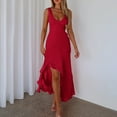 thumbnail image 1 of Homenesgenics Summer Dresses for Women Clearance under $10 Free Shipping Women's Sexy Fashion Slim V-neck Ruffled Slit Dress Red M, 1 of 9