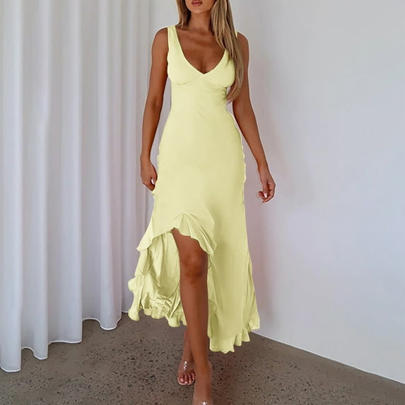 Homenesgenics Summer Dresses for Women under $10 Free Shipping Women's Sexy Fashion Slim V-neck Ruffled Slit Dress Yellow S