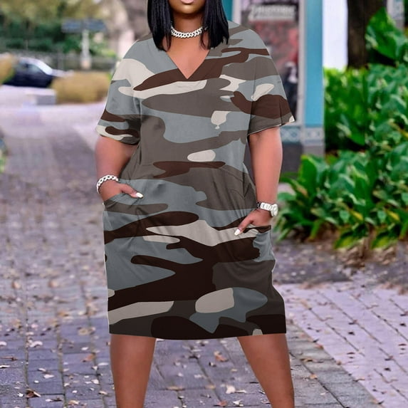 Homenesgenics Summer Dresses for Women under $10 Plus Size Women's Fashion Print Plus Size V-Neck Ventilate Sexuality Dress