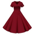 thumbnail image 1 of Homenesgenics Summer Dresses for Women under $10 Pure Color Women V-Neck Short-Sleeved Pseudo-Breasted Decoration Dress Red XL, 1 of 9