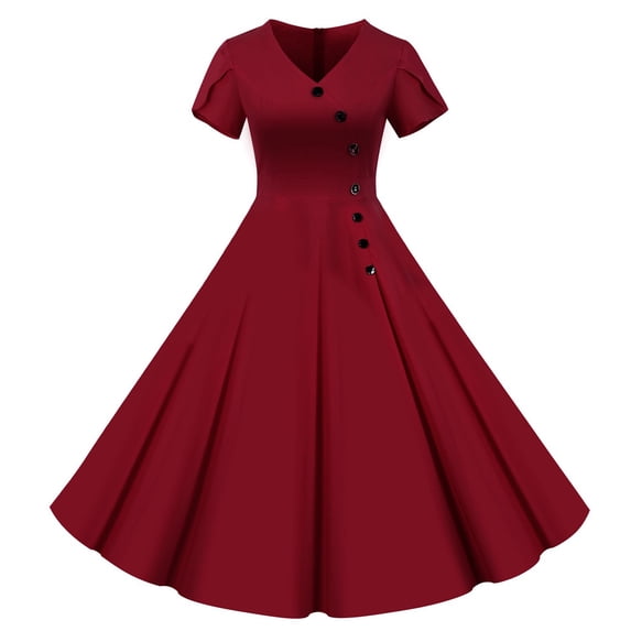 Homenesgenics Summer Dresses for Women under $10 Pure Color Women V-Neck Short-Sleeved Pseudo-Breasted Decoration Dress Red XL