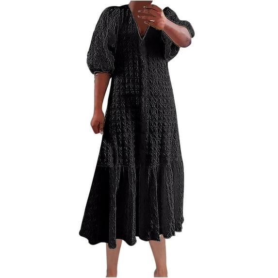 Homenesgenics Summer Dresses for Women under $10 Women 5/4 Sleeved V-Neck Solid Color Button Pleated Loose Casual Dress Black XXXXL