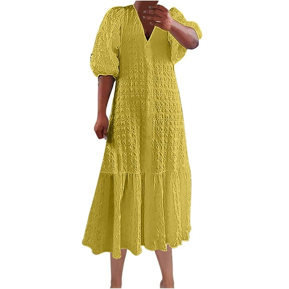 Homenesgenics Summer Dresses for Women under $10 Women 5/4 Sleeved V-Neck Solid Color Button Pleated Loose Casual Dress Yellow XXXXL