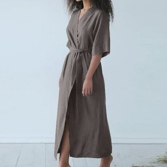 Homenesgenics Summer Dresses for Women under $10 Women's Cotton Linen Dress Bathrobe Style Lace Up Cardigan Dress Gray M
