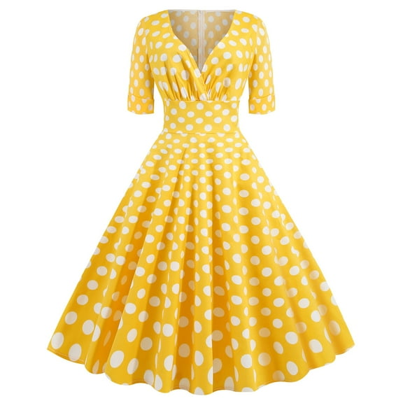 Homenesgenics Summer Dresses for Women under $10 Women's Retro Court Style Mid Length Dress Cocktail Dress Yellow M