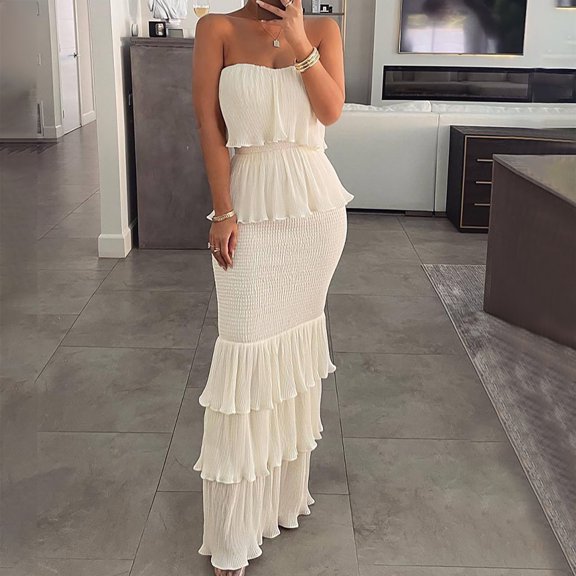 Homenesgenics Summer Dresses for Women Plus Size on Natural Womens Summer Fashion Solid Color Pleated Sleeveless One-Shoulder Dress