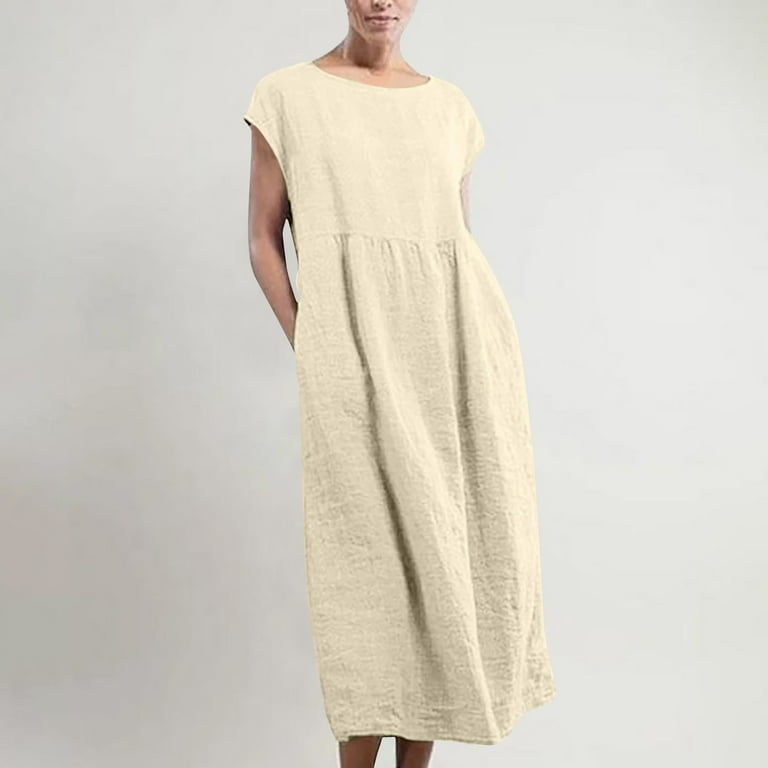 Homenesgenics Summer Dresses for Women Plus Size On Natural Womens Loose Dress Cotton Linen Round Neck Pocketless Short Sleeve Dress Long Dress,