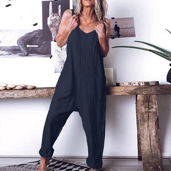 Homenesgenics Summer Jumpsuit for Women Women's Casual Loose Baggy Pocket Fashion Overalls Trousers Cotton and Linen Jumpsuit Blue XXXL