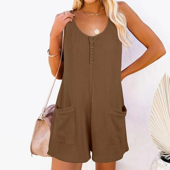 Homenesgenics Summer Jumpsuit for Women Women's Scoop Solid Neck Sleeveless Casual Buttons Short Jumpsuit Rompers with Pockets Brown S
