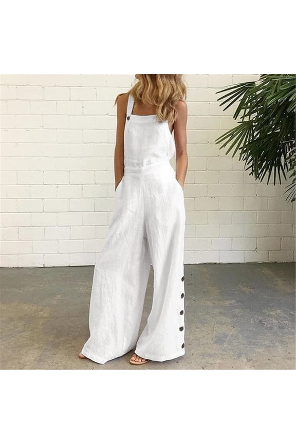 Summer Jumpsuit for Women Women's Sleeveless Overalls Jumpsuit Casual Wide Leg Bib Pants White M