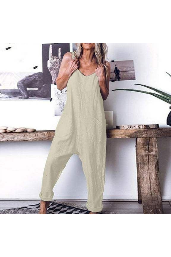 Summer Jumpsuit for Women Women's Casual Loose Baggy Pocket Fashion Overalls Trousers Cotton and Linen Jumpsuit Beige XXXXXL