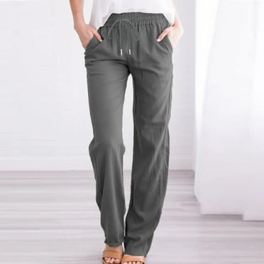 Homenesgenics Summmer Dress Pants for Women Clearance Women Casual Cotton and Linen Solid Drawstring Elastic Waist Long Straight Pants Gifts for Women