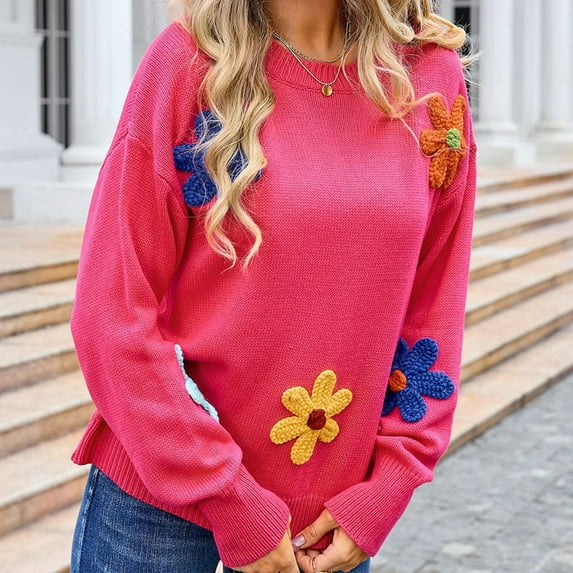 Homenesgenics Sweaters for Women $5.00 Womens Sweaters under 10$ Trendy Women's Daisy Printed Long Casual Pullover Loose Long Sleeve Sweater Gray XL