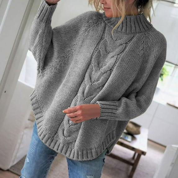 Homenesgenics Sweaters for Women Clearance $5 Winter New Loose Doll Sleeve Knit Sweater Solid Color Half Turtleneck Sweater