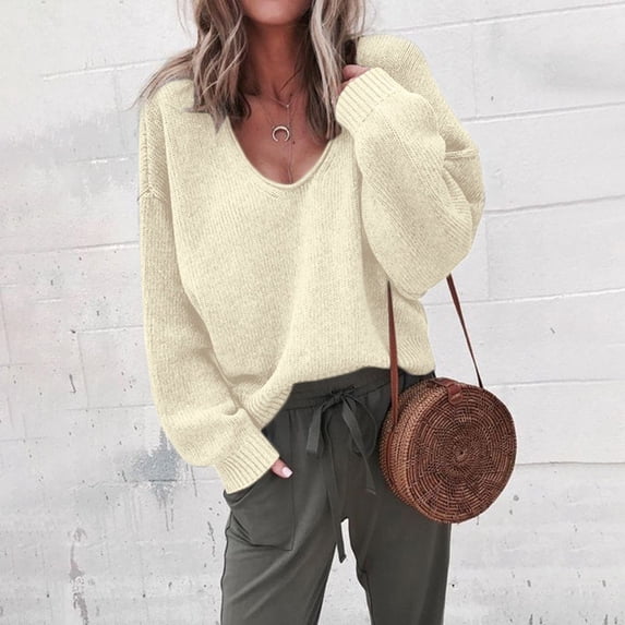 Homenesgenics Sweaters for Women Plus Size Womens Sweaters and Cardigans Women Trendy V-Neck Loose Pullover Color Long Sleeves Sweater Tops Beige S