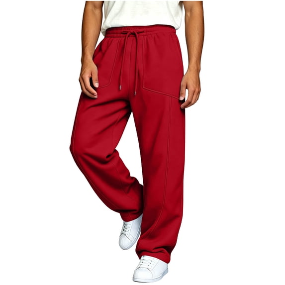 Homenesgenics Sweatpants Men with Pockets Open Bottom Drawstring Elastic Waist and Zipper Fly Trousers Red M
