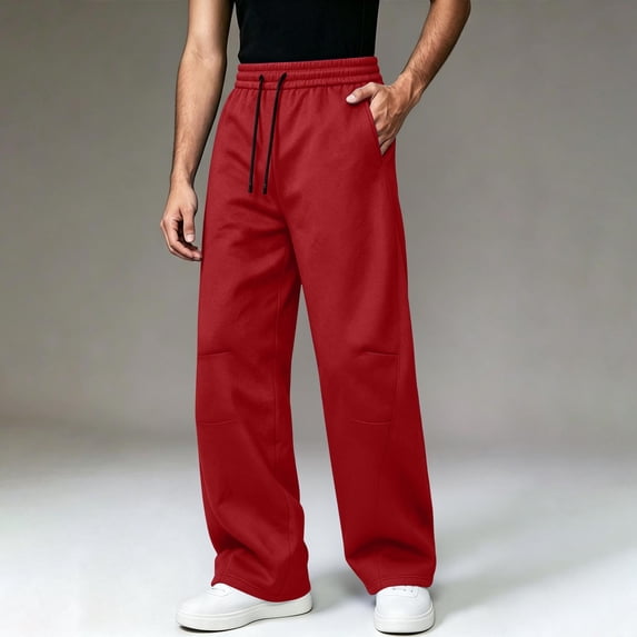 Homenesgenics Sweatpants Men with Pockets Open Bottom Elastic Waistband Drawstring Straight-Leg Casual Athletic Trousers Red S