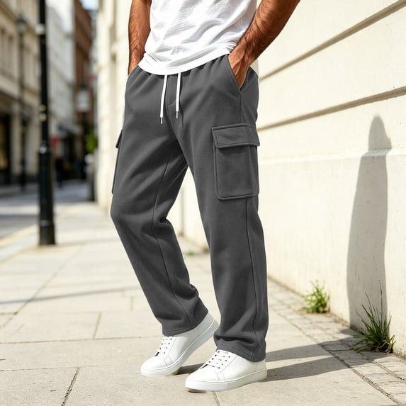 Homenesgenics Sweatpants Men with Pockets Open Bottom Elastic Waistband Drawstring Straight-Leg Work Trousers Gray M