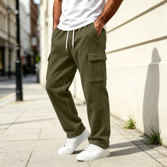 Homenesgenics Sweatpants Men with Pockets Open Bottom Elastic Waistband Drawstring Straight-Leg Work Trousers Green L