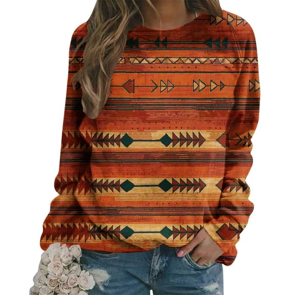 Homenesgenics Sweatshirts for Women Plus Size Women's Casual Ethnic Style Printed Round Neck Raglan Long Sleeved Loose Top Fall Winter Outfits Clothes Orange S