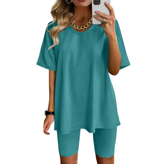 Homenesgenics Sweatsuits 2pcs Sets Womens Short Summer Women Two Piece Outfits Summer Short Sleeve Round Neck Biker Shorts Set Cycling Suit
