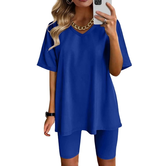Homenesgenics Sweatsuits 2pcs Sets Womens Short Summer Women Two Piece Outfits Summer Short Sleeve Round Neck Biker Shorts Set Cycling Suit