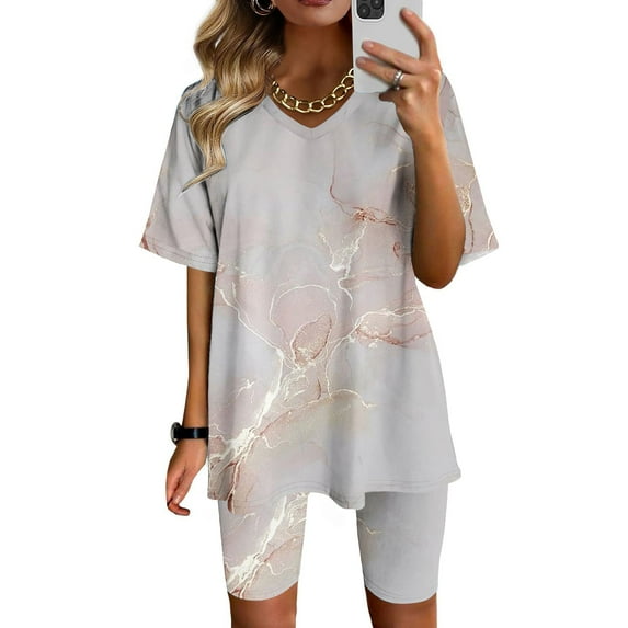 Homenesgenics Sweatsuits 2pcs Sets Womens Short Summer Women Two Piece Outfits Summer Short Sleeve Round Neck Biker Shorts Set Cycling Suit