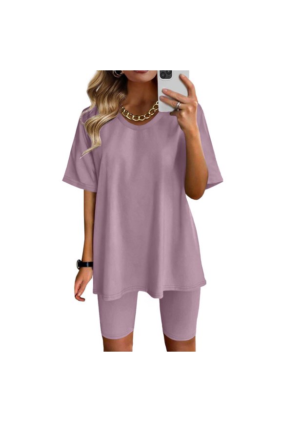 Sweatsuits 2pcs Sets Womens Short Summer Women Two Piece Outfits Summer Short Sleeve Round Neck Biker Shorts Set Cycling Suit