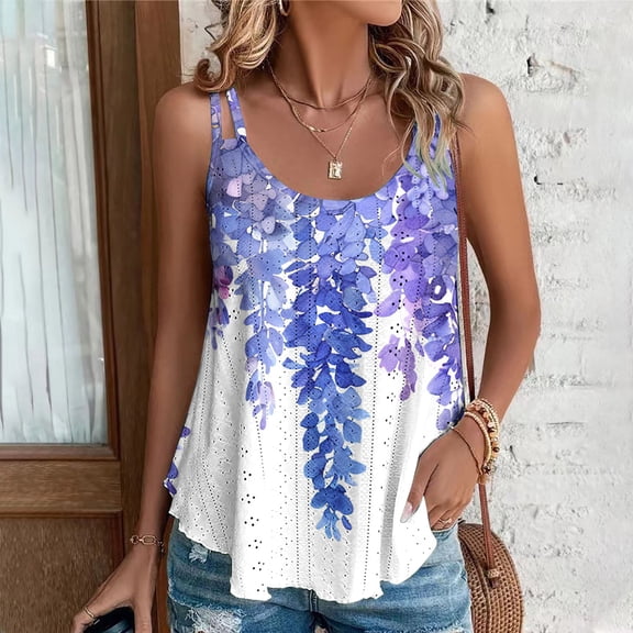 Homenesgenics Tank Tops for Women 2025 Women's Spring and Summer New Tank Neck Print Casual Fashion Tops Blue XXXL