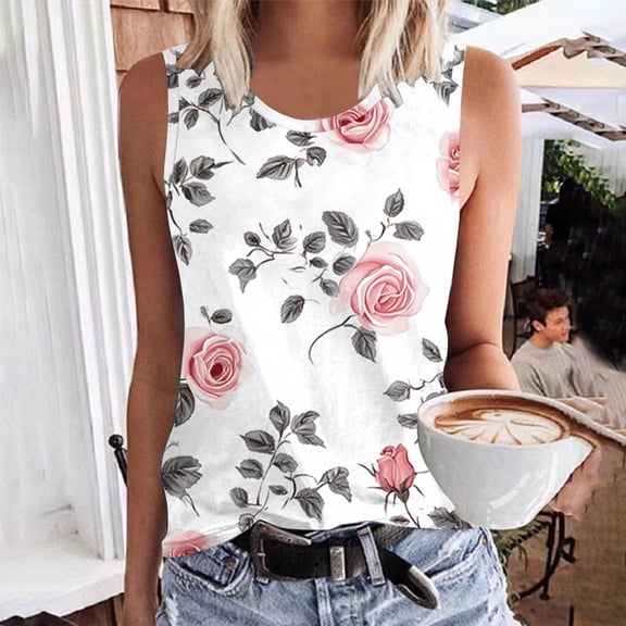 Homenesgenics Tank Tops for Women Women Floral Printing Tank Round-Neck Sleeveless Block Tunic Tee Multicolor S