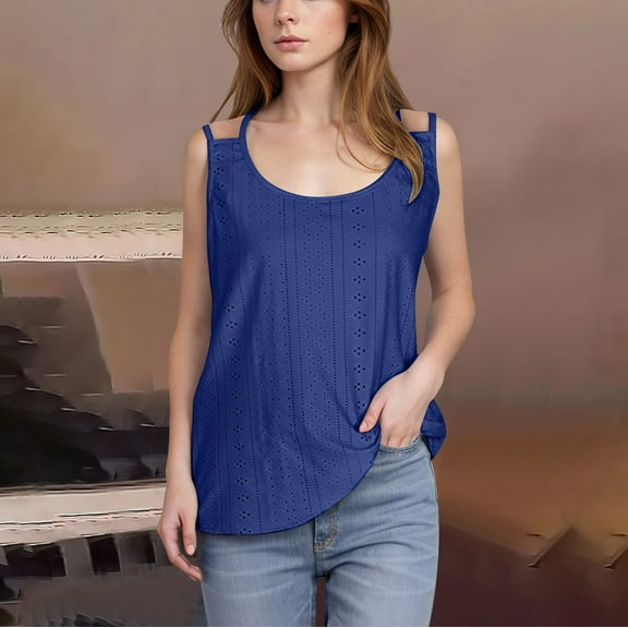 Homenesgenics Tank Tops for Women Plus Size 2025 Women's New Tank Tops Round Neck Solid Color Casual Fashion Tops Blue M