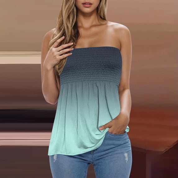 Homenesgenics Tank Tops for Women Plus Size Fashion Women's Summer Casual Gradient Printed Pleated Strapless Bra Tank Tops Blue M