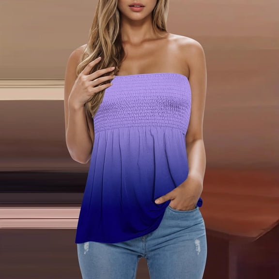 Homenesgenics Tank Tops for Women Plus Size Fashion Women's Summer Casual Gradient Printed Pleated Strapless Bra Tank Tops Purple S