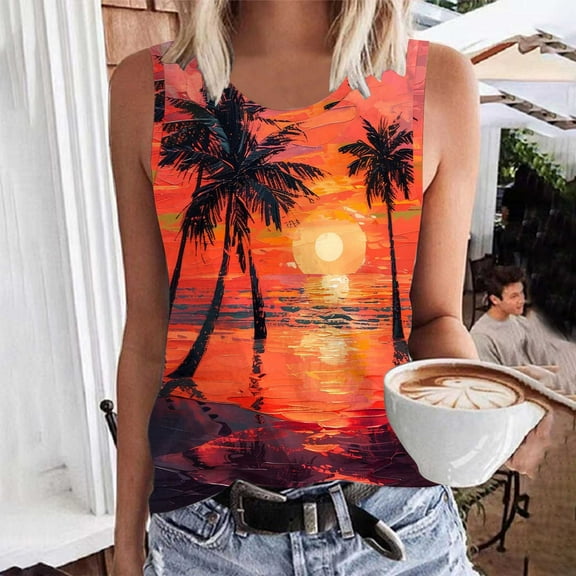 Homenesgenics Tank Tops for Women Plus Size Women Floral Printing Tank Round-Neck Sleeveless Block Tunic Tee Orange M