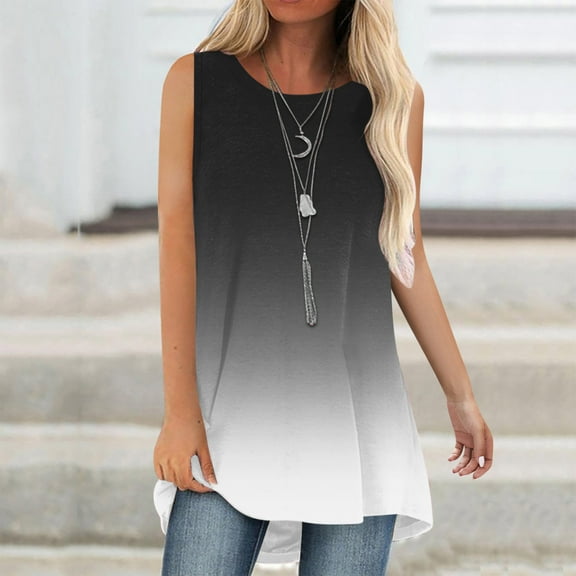 Homenesgenics Tank Tops for Women Plus Size Women Tank Summer Gradient Color Round-Neck Sleeveless Casual Tunic Blouse Black M