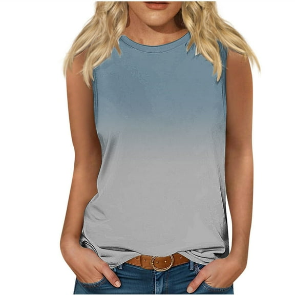 Homenesgenics Tank Tops for Women Plus Size Women's Summer Casual Fashion Printing Loose Round Neck Sleeveless Tops Blue S