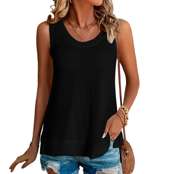 Homenesgenics Tank Tops for Women Plus Size Women's Summer Casual Solid Color Round Neck Sleeveness Loose Blouses Sleeveless Tunic Tops Black L