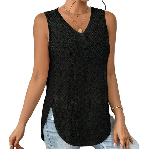 Homenesgenics Tank Tops for Women Plus Size Women's Summer Casual Solid Color V Neck Sleeveness Loose Thank Blouses Sleeveless Tunic Tops Black L