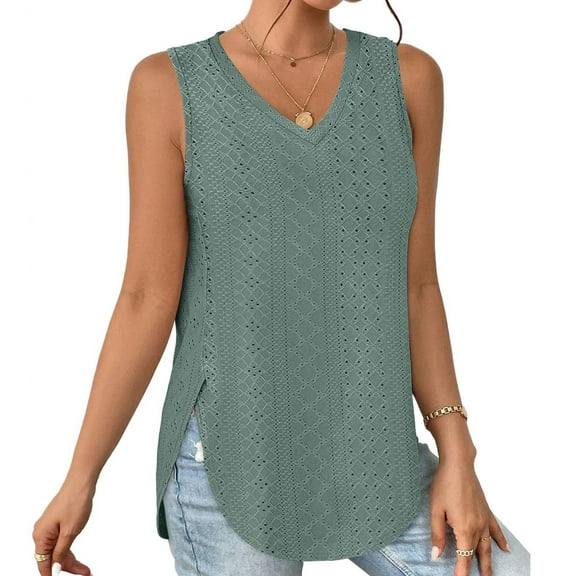 Homenesgenics Tank Tops for Women Plus Size Women's Summer Casual Solid Color V Neck Sleeveness Loose Thank Blouses Sleeveless Tunic Tops Green XL