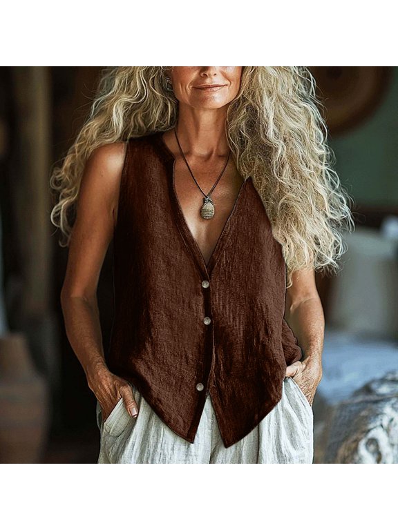 Tank Tops for Women under $5 Plus Size Sleeveless Cotton-Linen Top Button-Front Shirt Vest V-Neck Top/Shirt Brown S