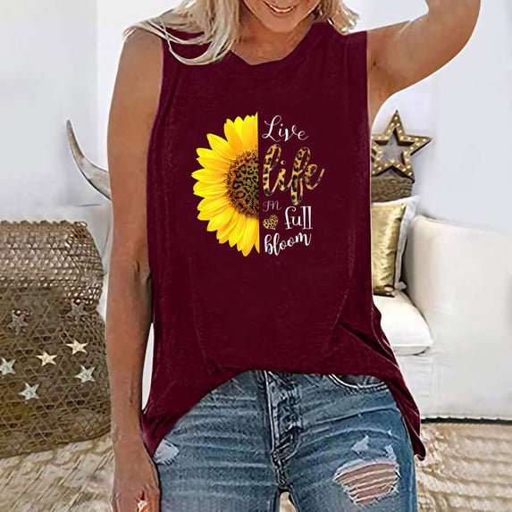 Homenesgenics Tank Tops for Women under $ 5 Plus Size Women Daisy Sunflower Print Sleeveless Vest Casual Loose Pullover Tunic Tees