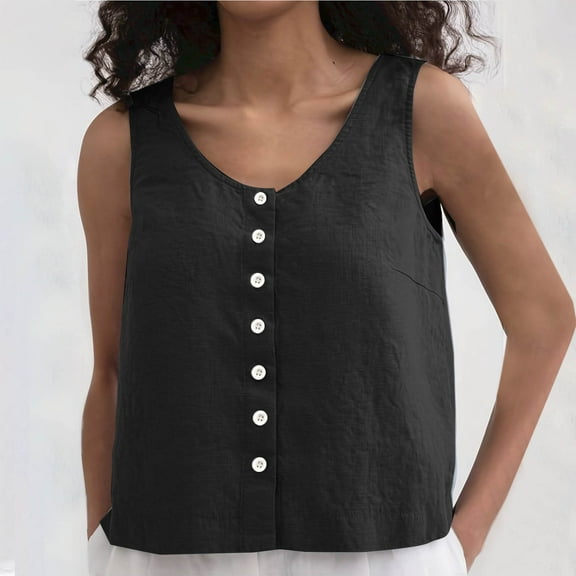 Homenesgenics Tank Tops for Women under $5 Women's Fashion Solid Summer Casual And Linen Sleeveless Round-Neck Button Tank Black M